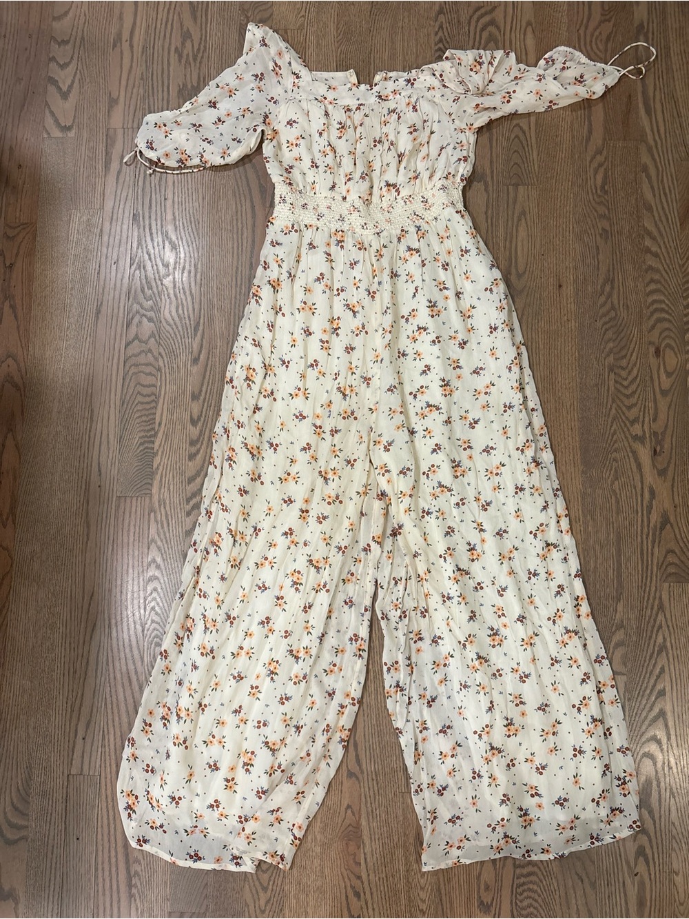 Cream Floral Off-Shoulder Wide-Leg Jumpsuit